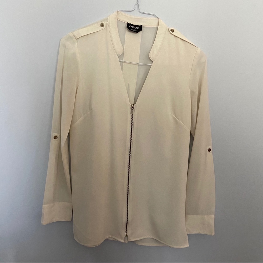 Bebe long sleeve ecru blouse with zip front XS